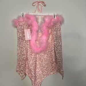 Tasteful Girl - Pink Sequin Bodysuit with Feather Trim